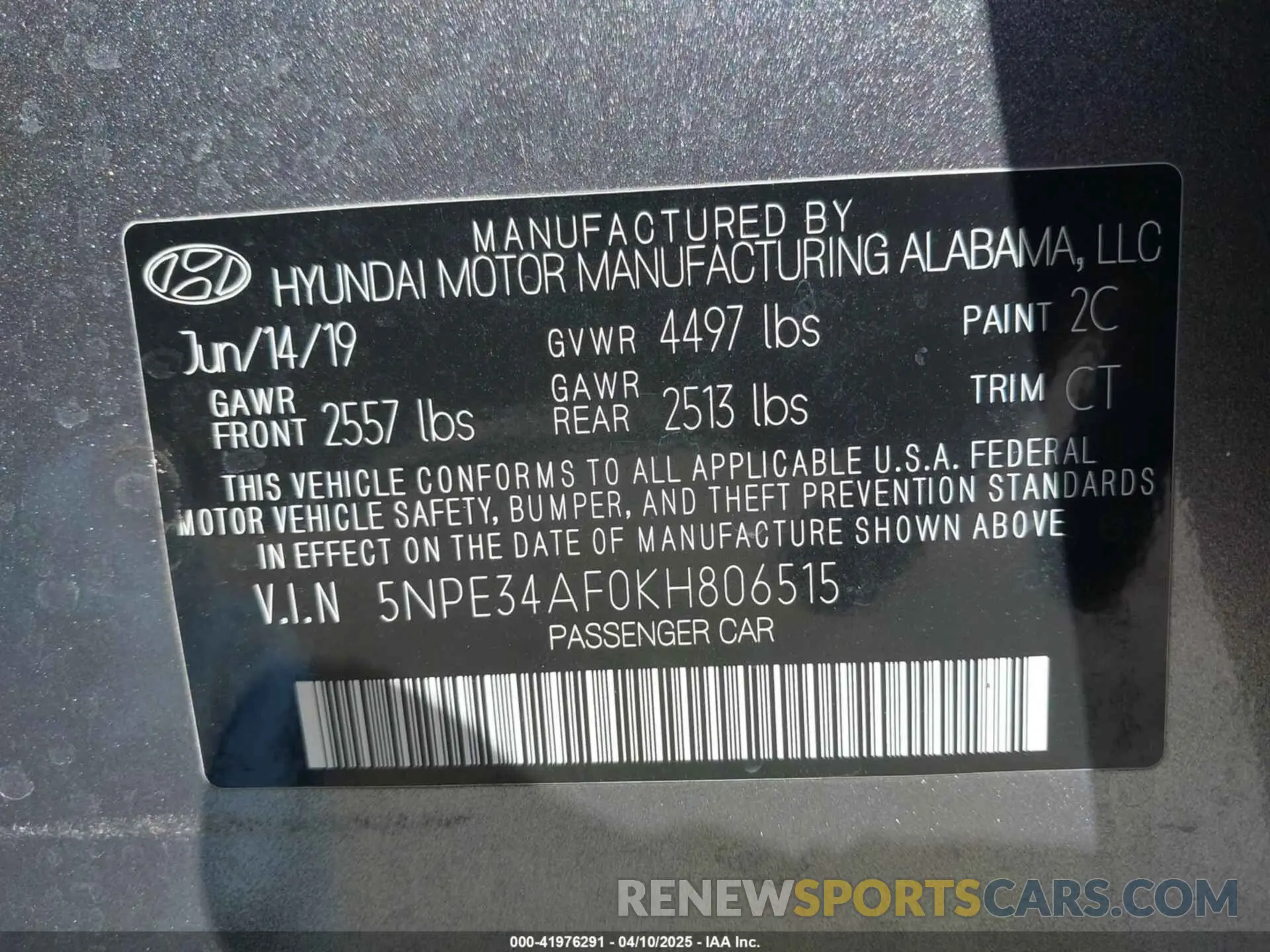 9 fotografías del automóvil dañado 5NPE34AF0KH806515 HYUNDAI SONATA 2019
