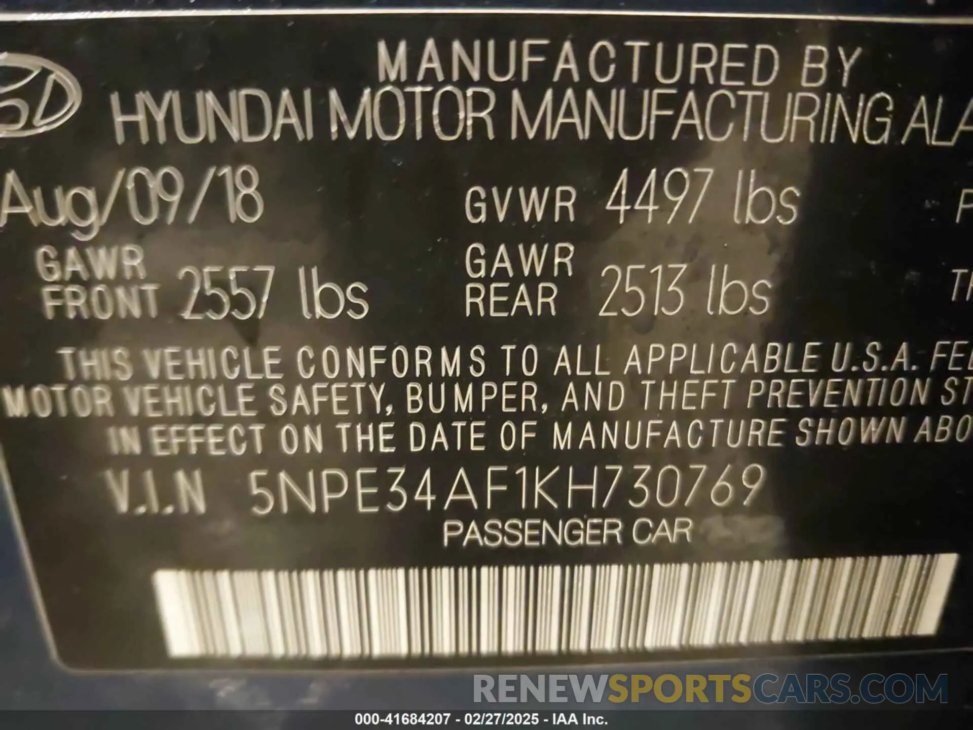 9 fotografías del automóvil dañado 5NPE34AF1KH730769 HYUNDAI SONATA 2019