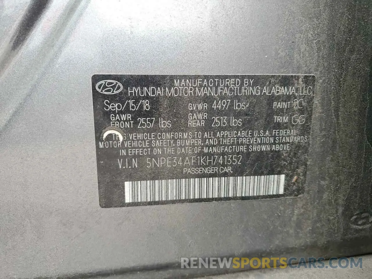 13 fotografías del automóvil dañado 5NPE34AF1KH741352 HYUNDAI SONATA 2019