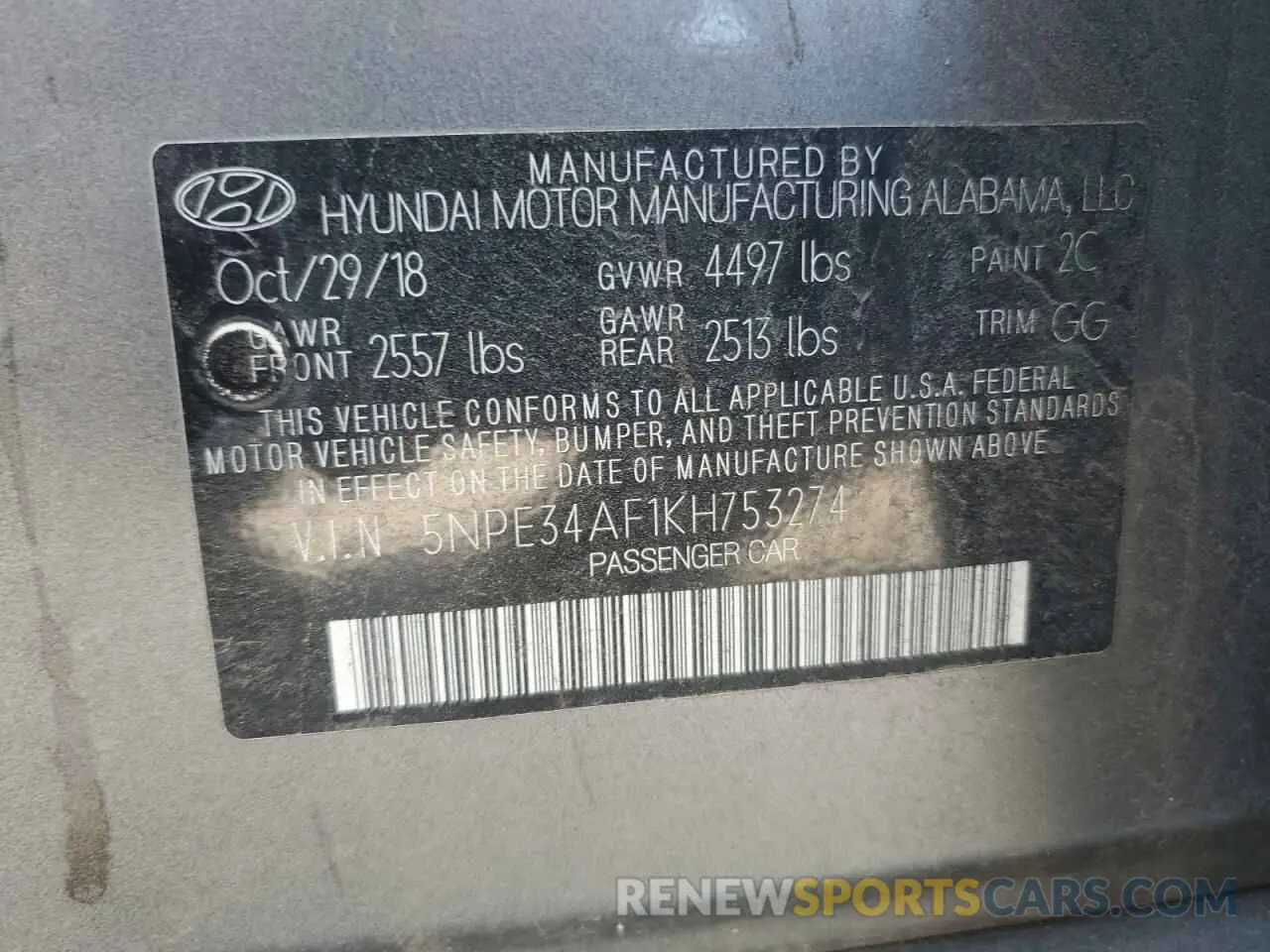 14 fotografías del automóvil dañado 5NPE34AF1KH753274 HYUNDAI SONATA 2019