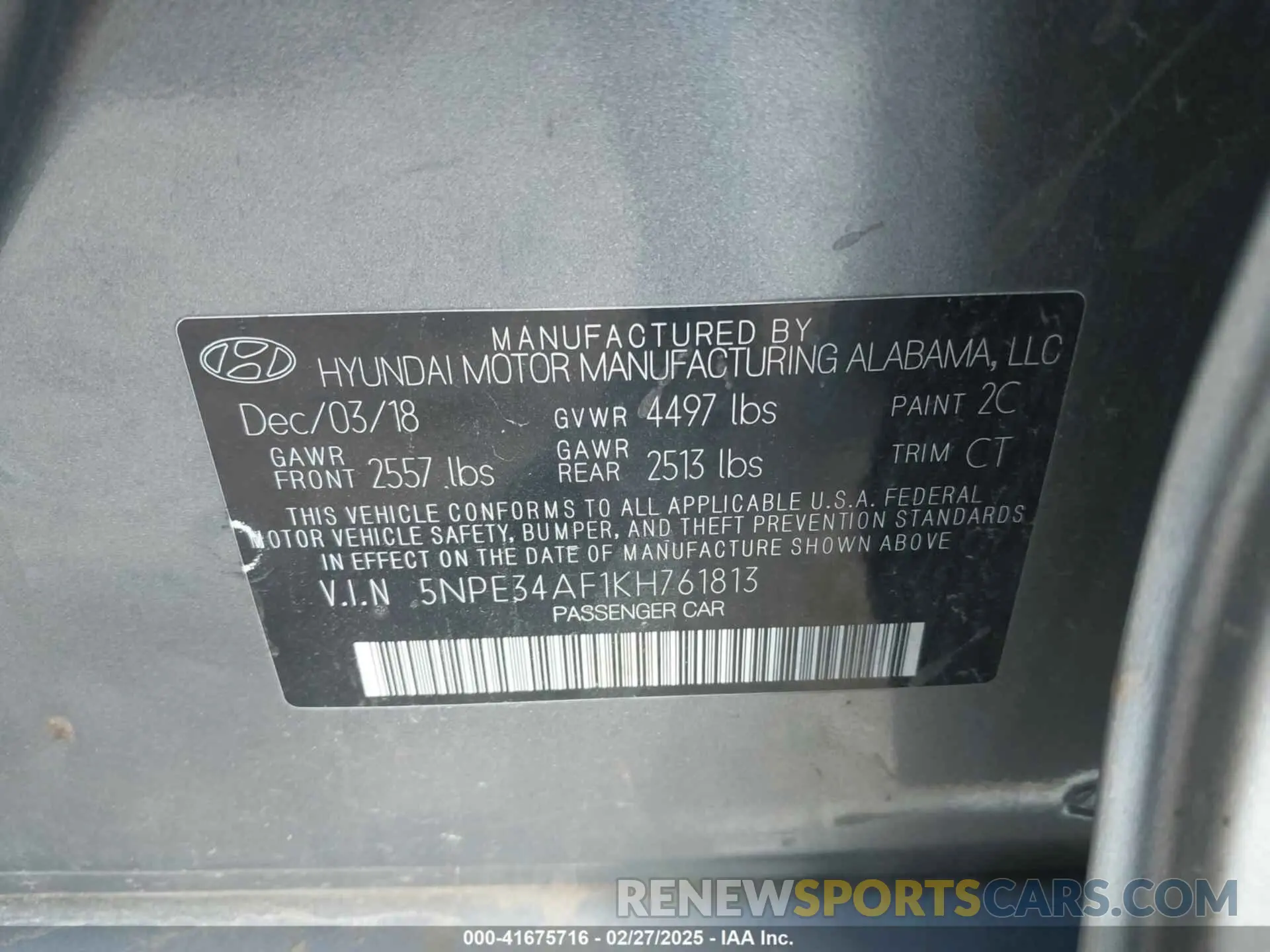 9 fotografías del automóvil dañado 5NPE34AF1KH761813 HYUNDAI SONATA 2019