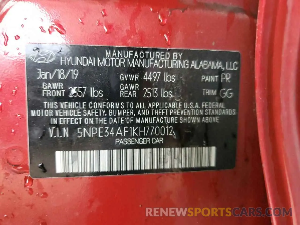 13 fotografías del automóvil dañado 5NPE34AF1KH770012 HYUNDAI SONATA 2019