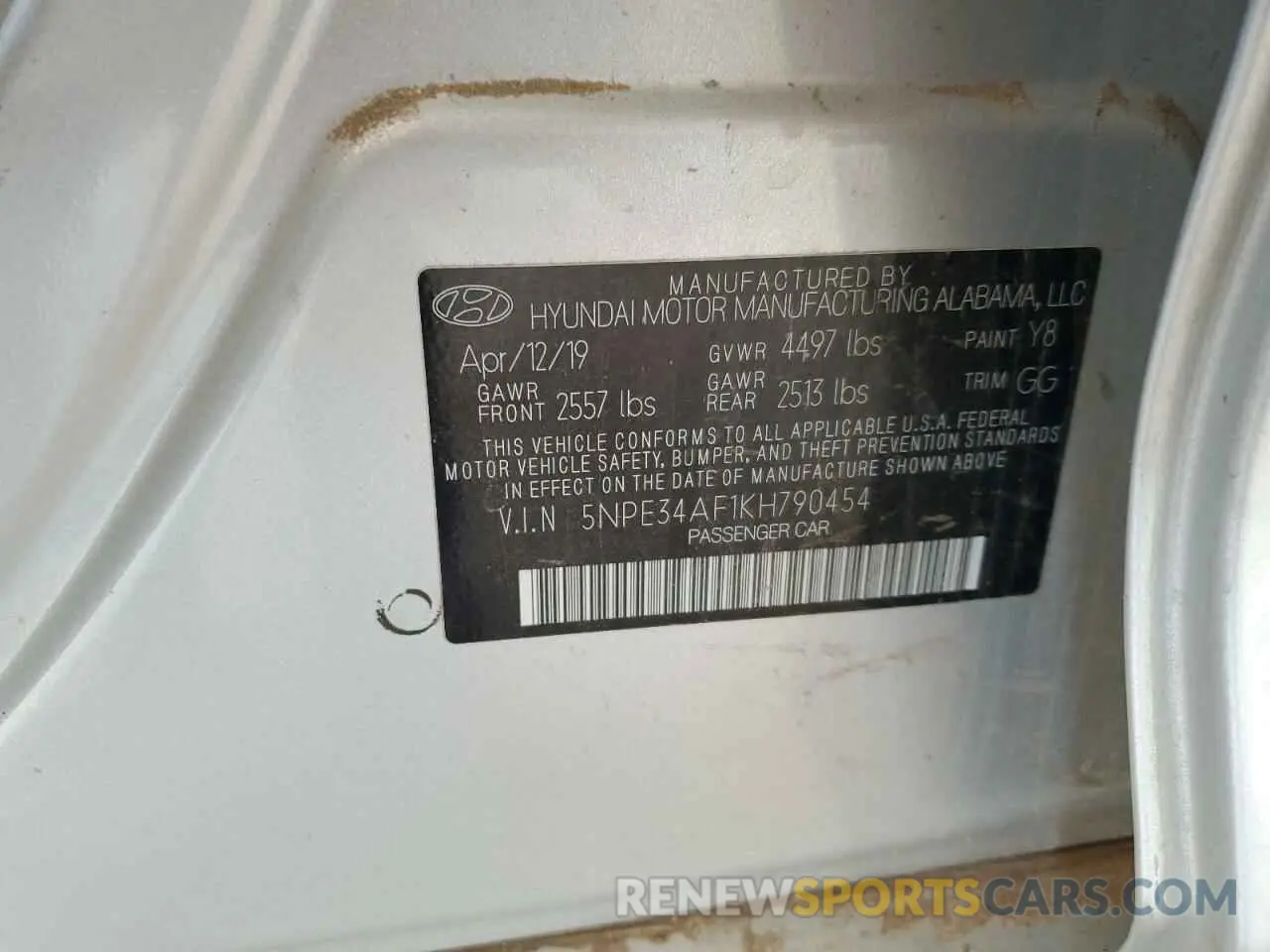12 fotografías del automóvil dañado 5NPE34AF1KH790454 HYUNDAI SONATA 2019