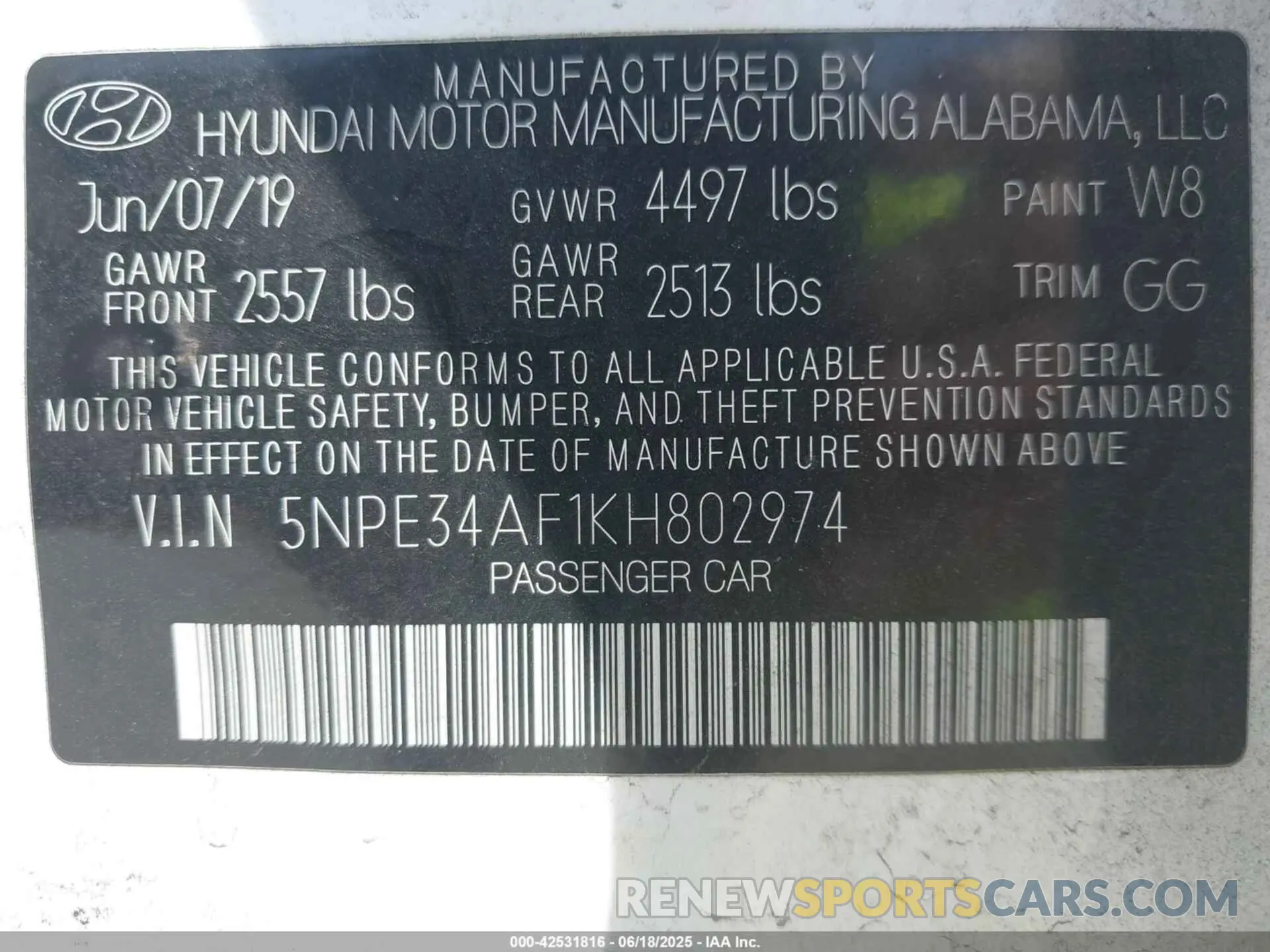 9 fotografías del automóvil dañado 5NPE34AF1KH802974 HYUNDAI SONATA 2019