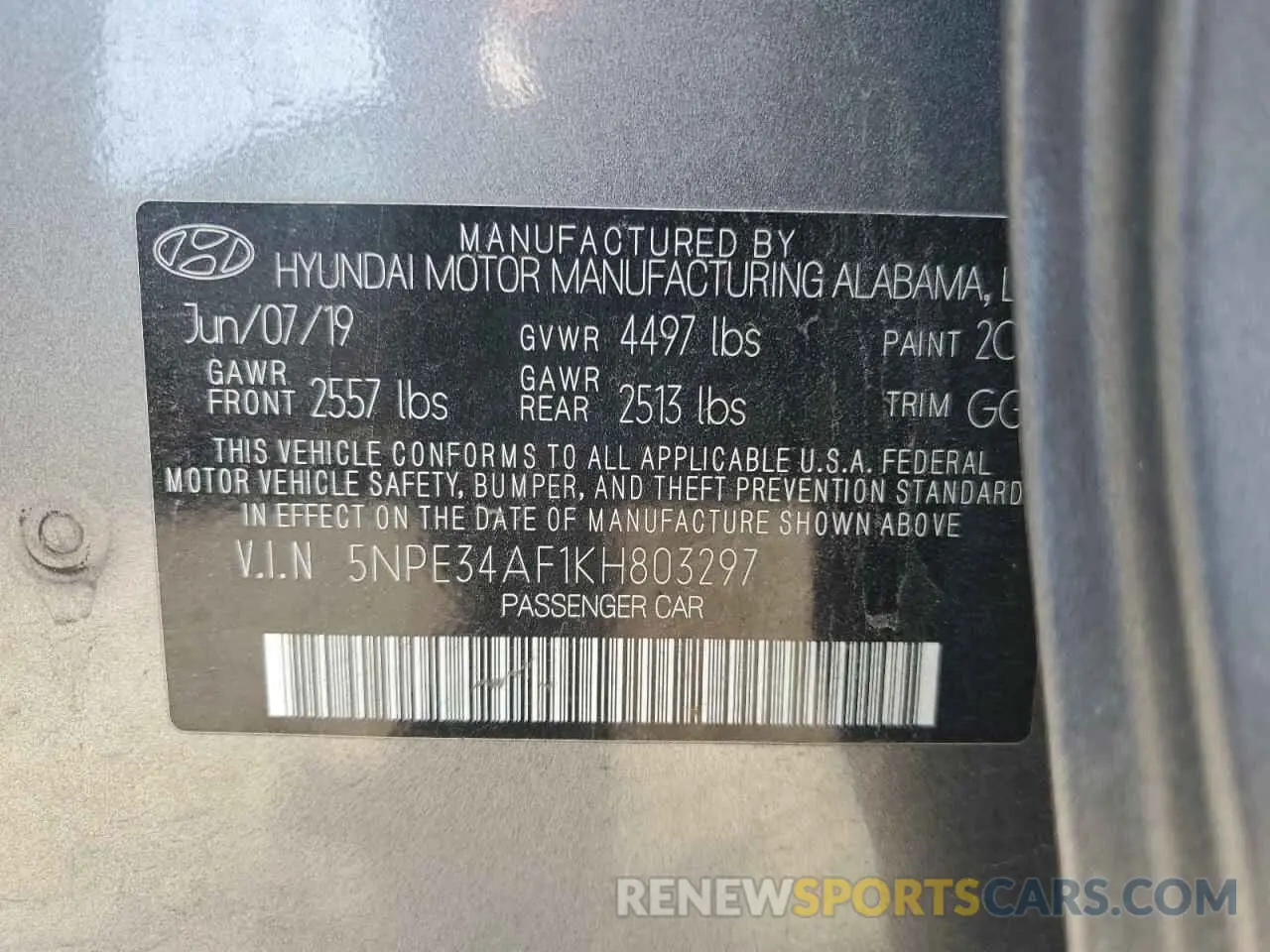 13 fotografías del automóvil dañado 5NPE34AF1KH803297 HYUNDAI SONATA 2019