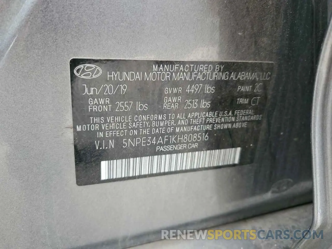 12 fotografías del automóvil dañado 5NPE34AF1KH808516 HYUNDAI SONATA 2019