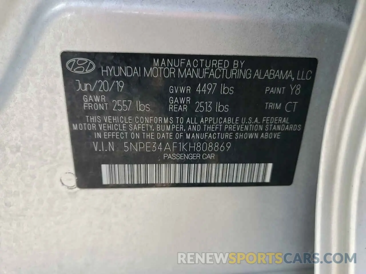 13 fotografías del automóvil dañado 5NPE34AF1KH808869 HYUNDAI SONATA 2019