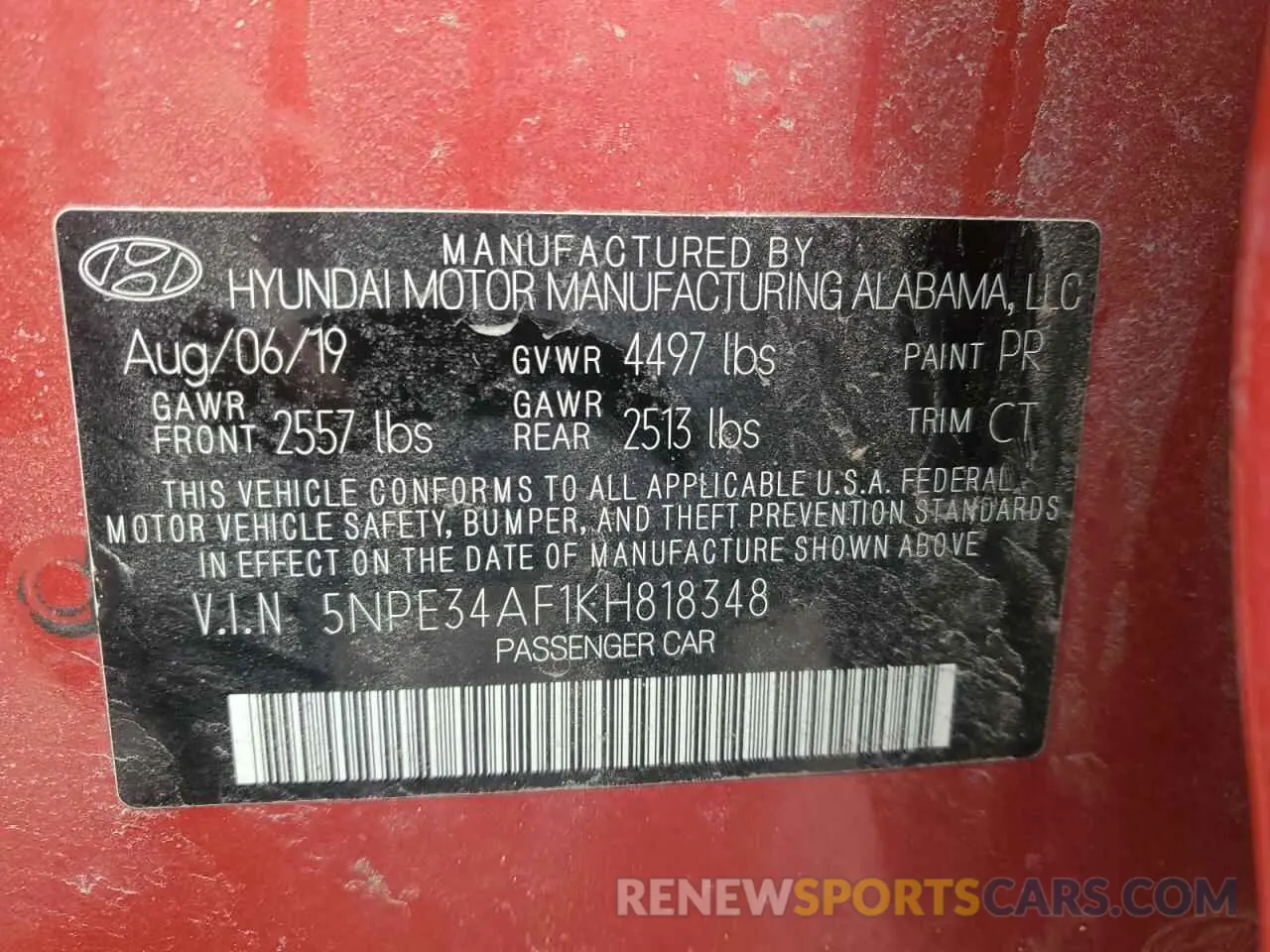 12 fotografías del automóvil dañado 5NPE34AF1KH818348 HYUNDAI SONATA 2019