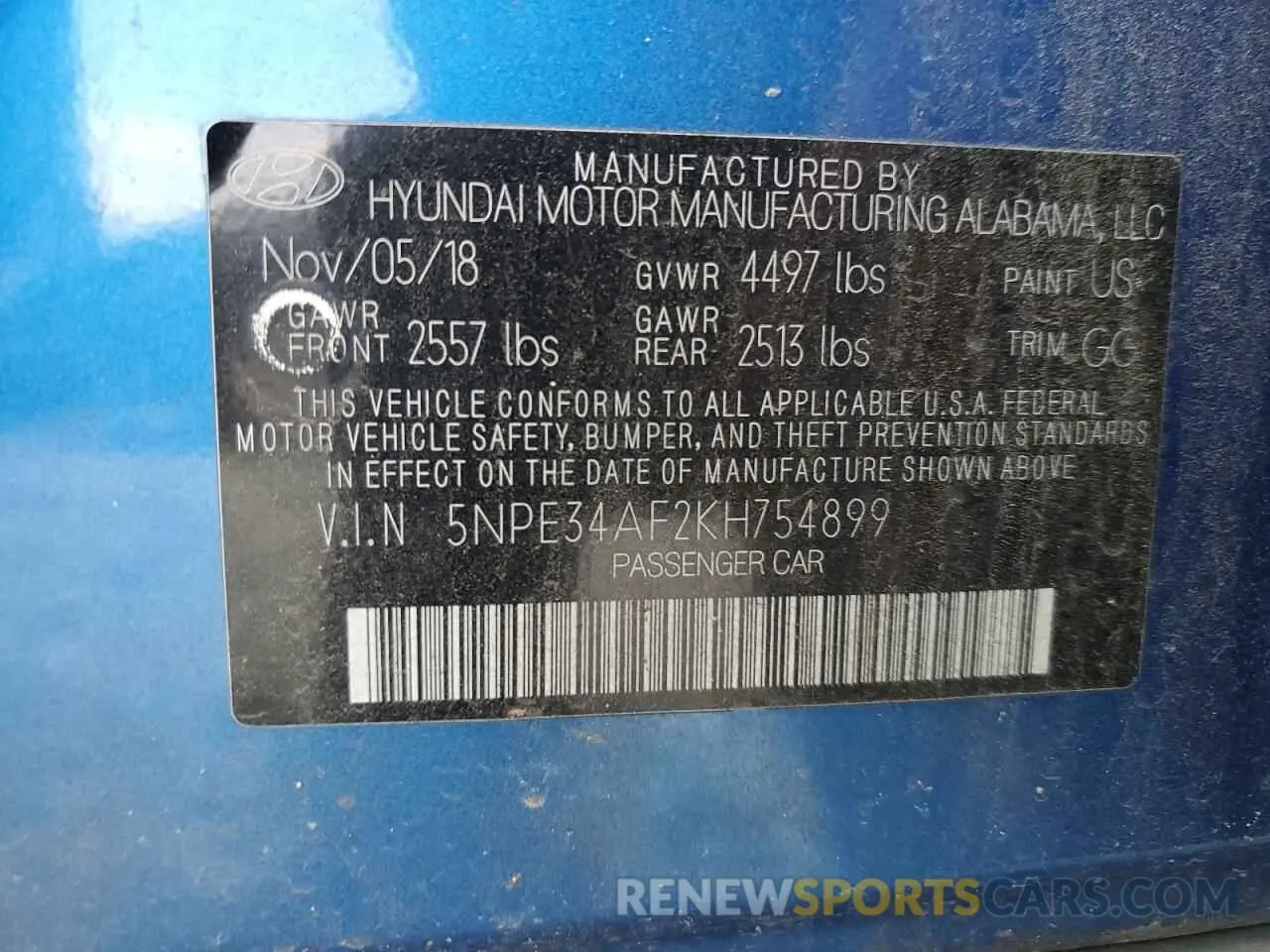 12 fotografías del automóvil dañado 5NPE34AF2KH754899 HYUNDAI SONATA 2019