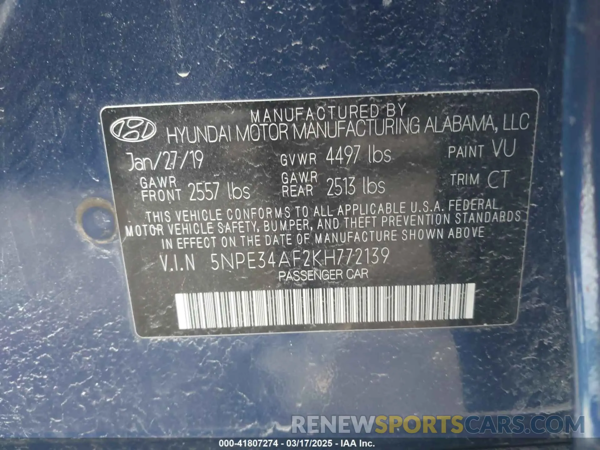 9 fotografías del automóvil dañado 5NPE34AF2KH772139 HYUNDAI SONATA 2019