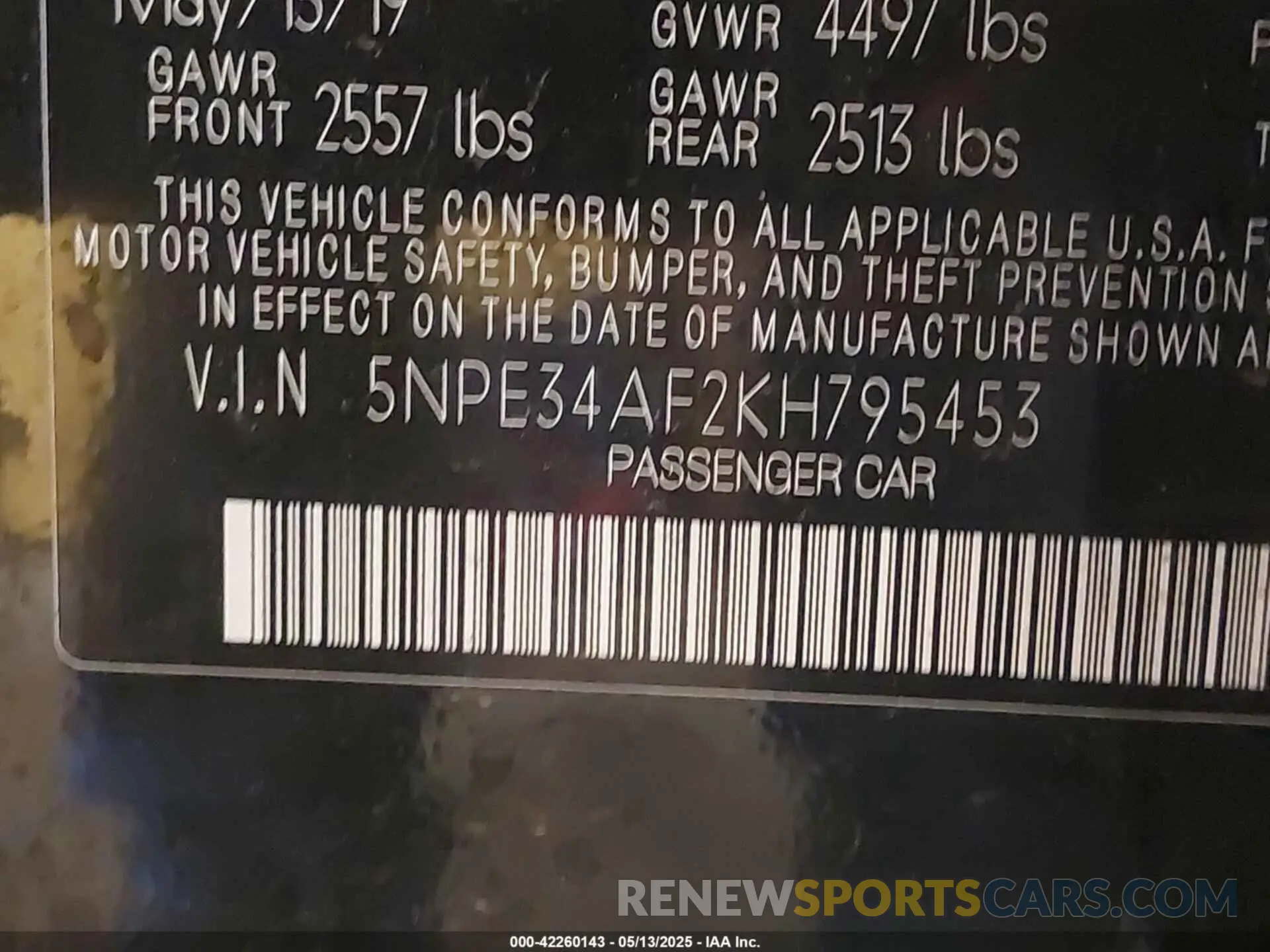 9 fotografías del automóvil dañado 5NPE34AF2KH795453 HYUNDAI SONATA 2019
