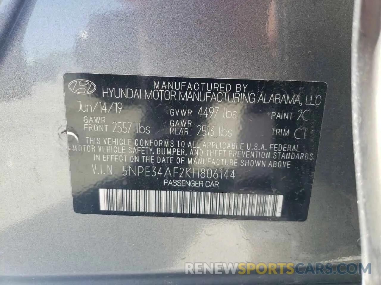 14 fotografías del automóvil dañado 5NPE34AF2KH806144 HYUNDAI SONATA 2019