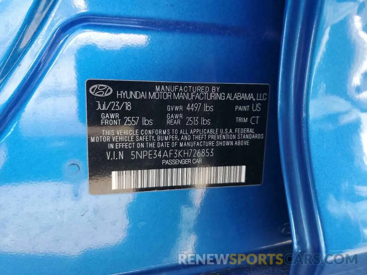 12 fotografías del automóvil dañado 5NPE34AF3KH726853 HYUNDAI SONATA 2019