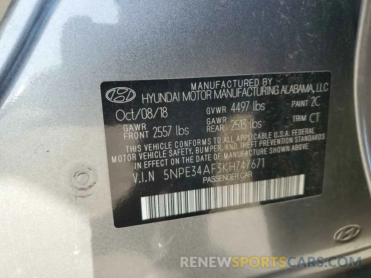 13 fotografías del automóvil dañado 5NPE34AF3KH747671 HYUNDAI SONATA 2019