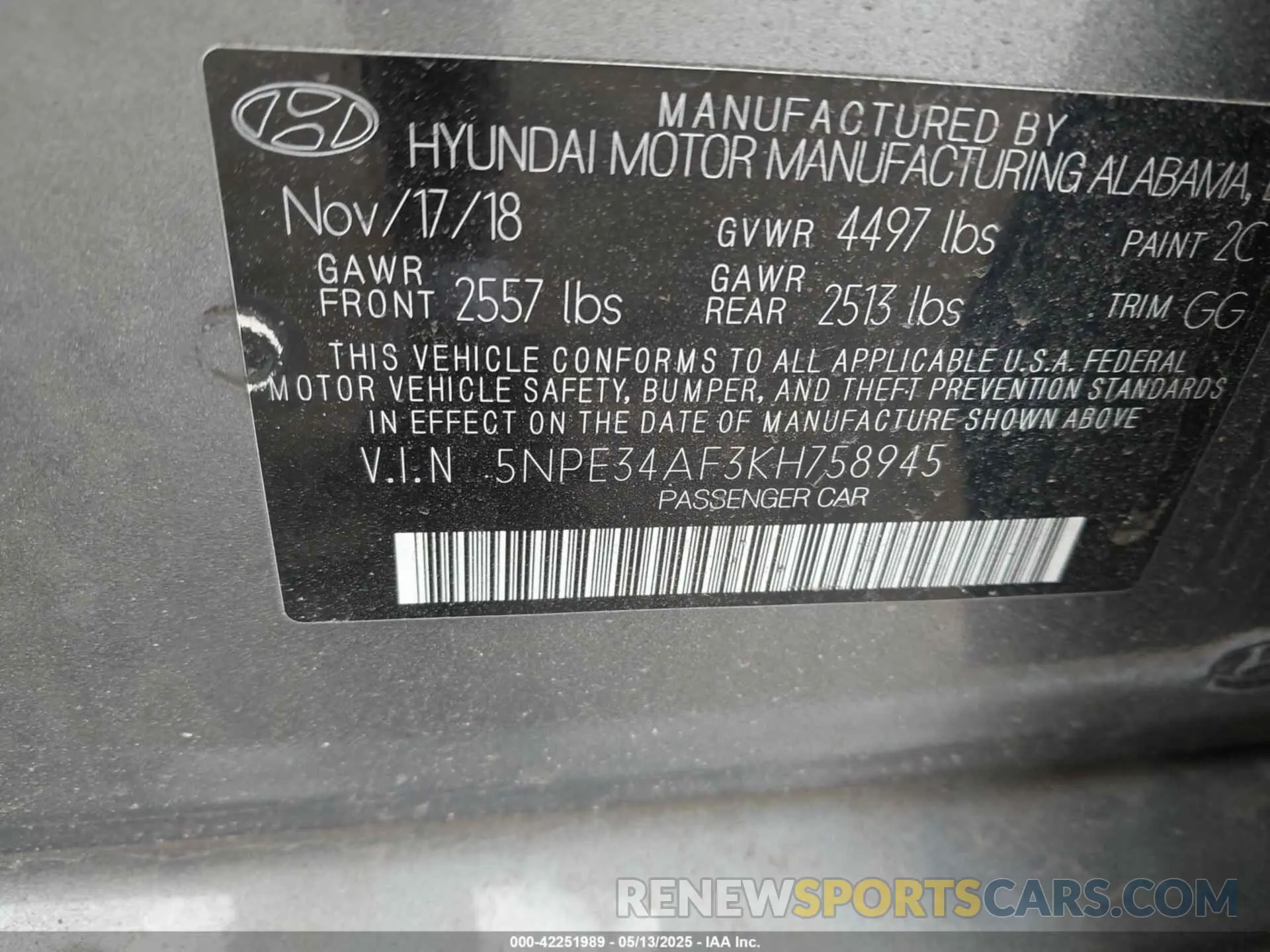 9 fotografías del automóvil dañado 5NPE34AF3KH758945 HYUNDAI SONATA 2019