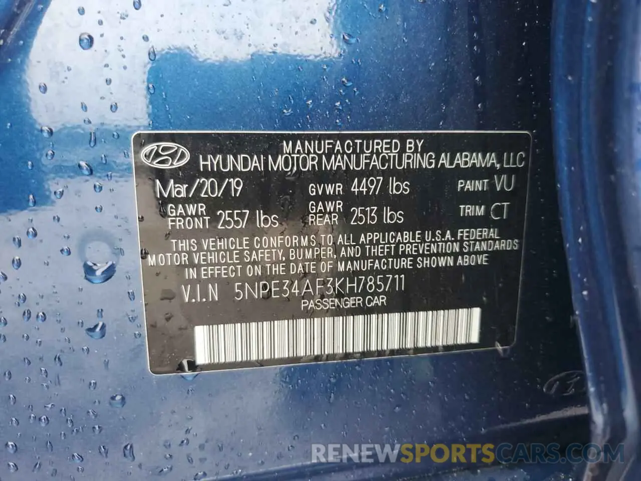 13 fotografías del automóvil dañado 5NPE34AF3KH785711 HYUNDAI SONATA 2019