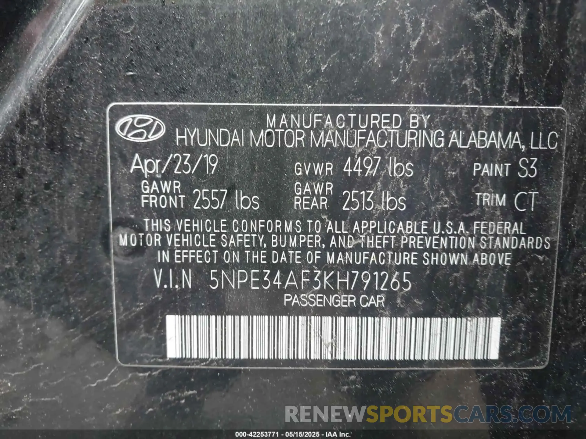 9 fotografías del automóvil dañado 5NPE34AF3KH791265 HYUNDAI SONATA 2019