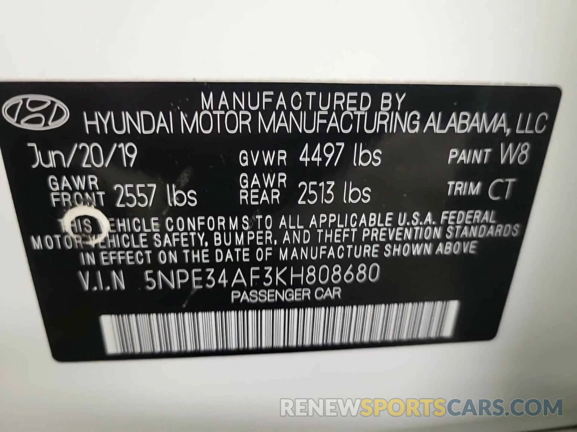 5 fotografías del automóvil dañado 5NPE34AF3KH808680 HYUNDAI SONATA 2019