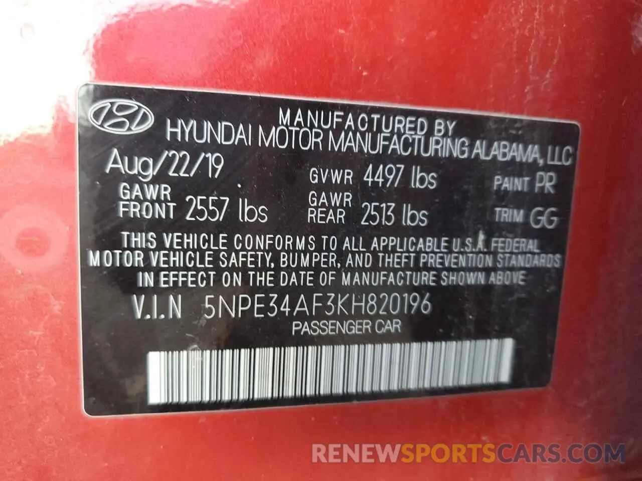 12 fotografías del automóvil dañado 5NPE34AF3KH820196 HYUNDAI SONATA 2019