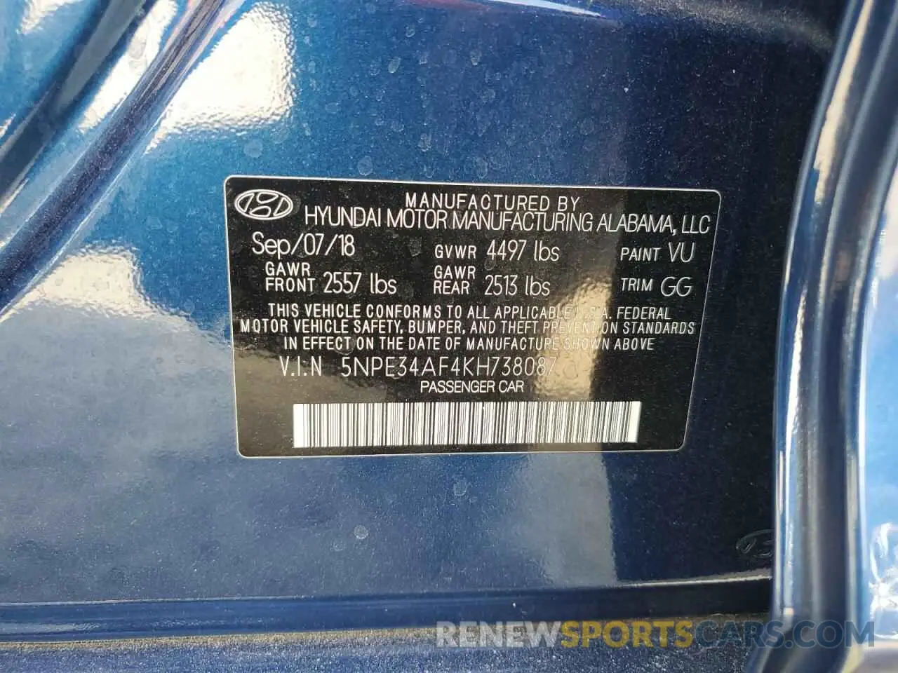 13 fotografías del automóvil dañado 5NPE34AF4KH738087 HYUNDAI SONATA 2019