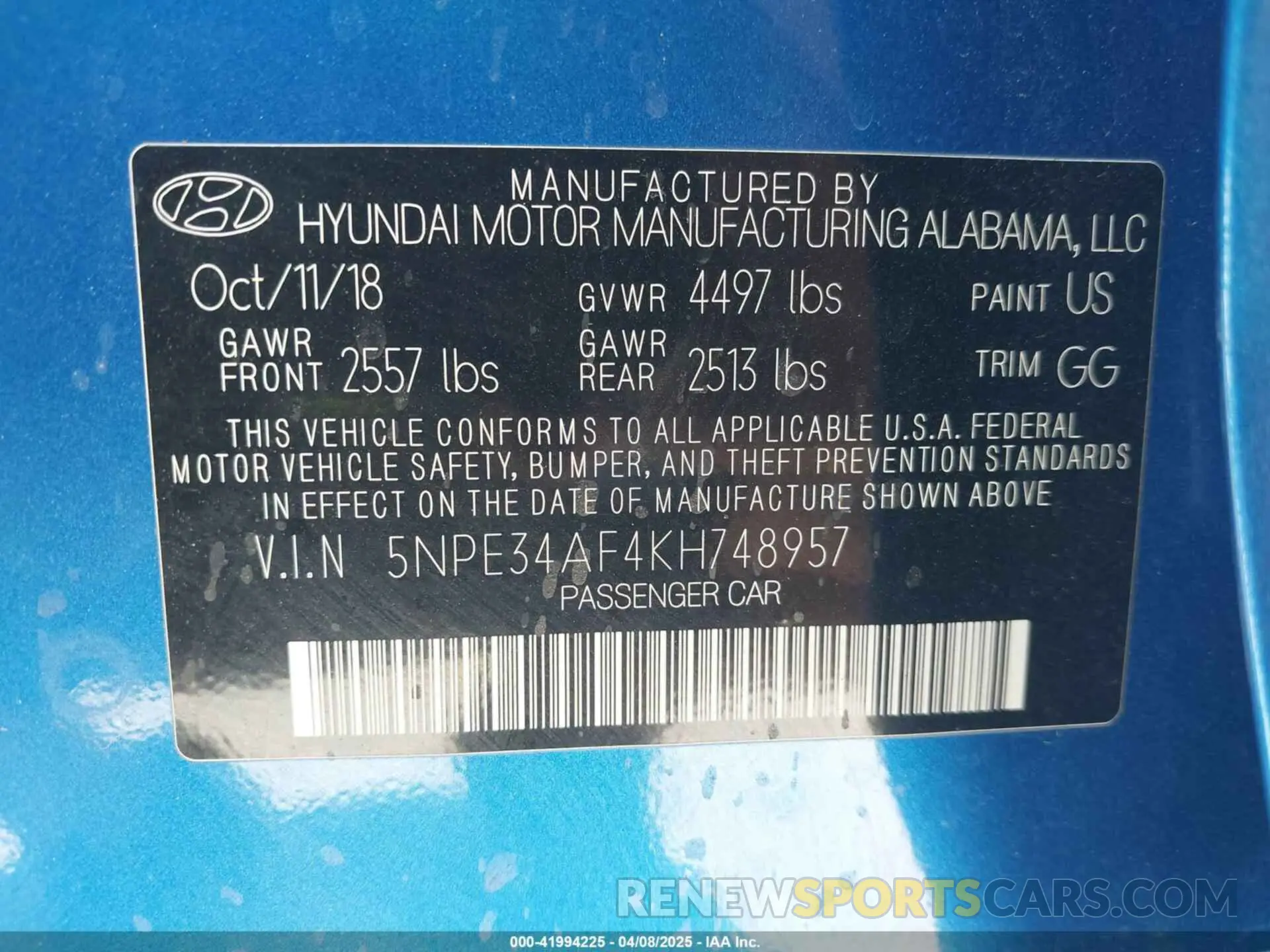 9 fotografías del automóvil dañado 5NPE34AF4KH748957 HYUNDAI SONATA 2019
