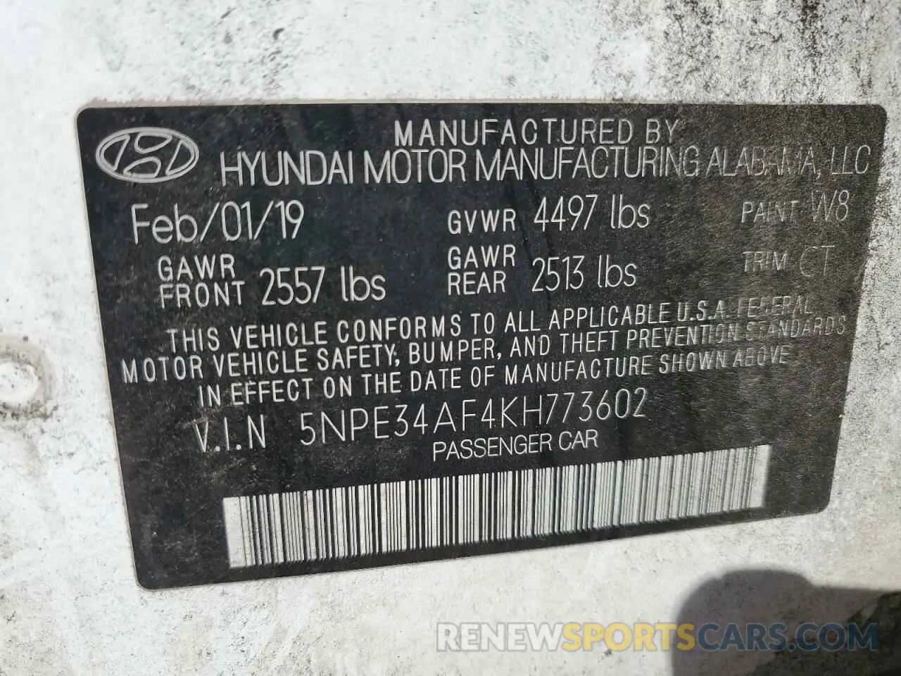 12 fotografías del automóvil dañado 5NPE34AF4KH773602 HYUNDAI SONATA 2019
