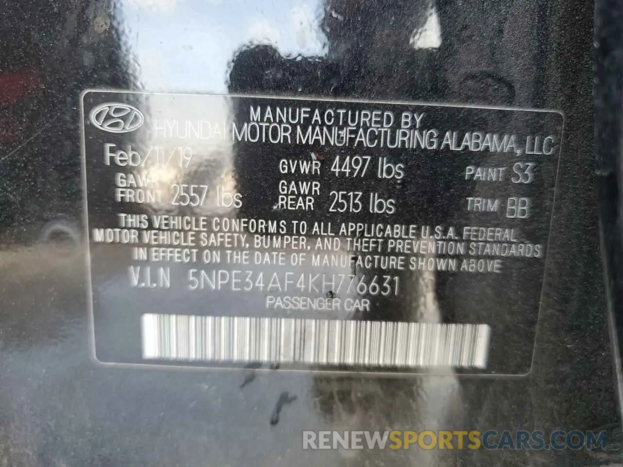 12 fotografías del automóvil dañado 5NPE34AF4KH776631 HYUNDAI SONATA 2019