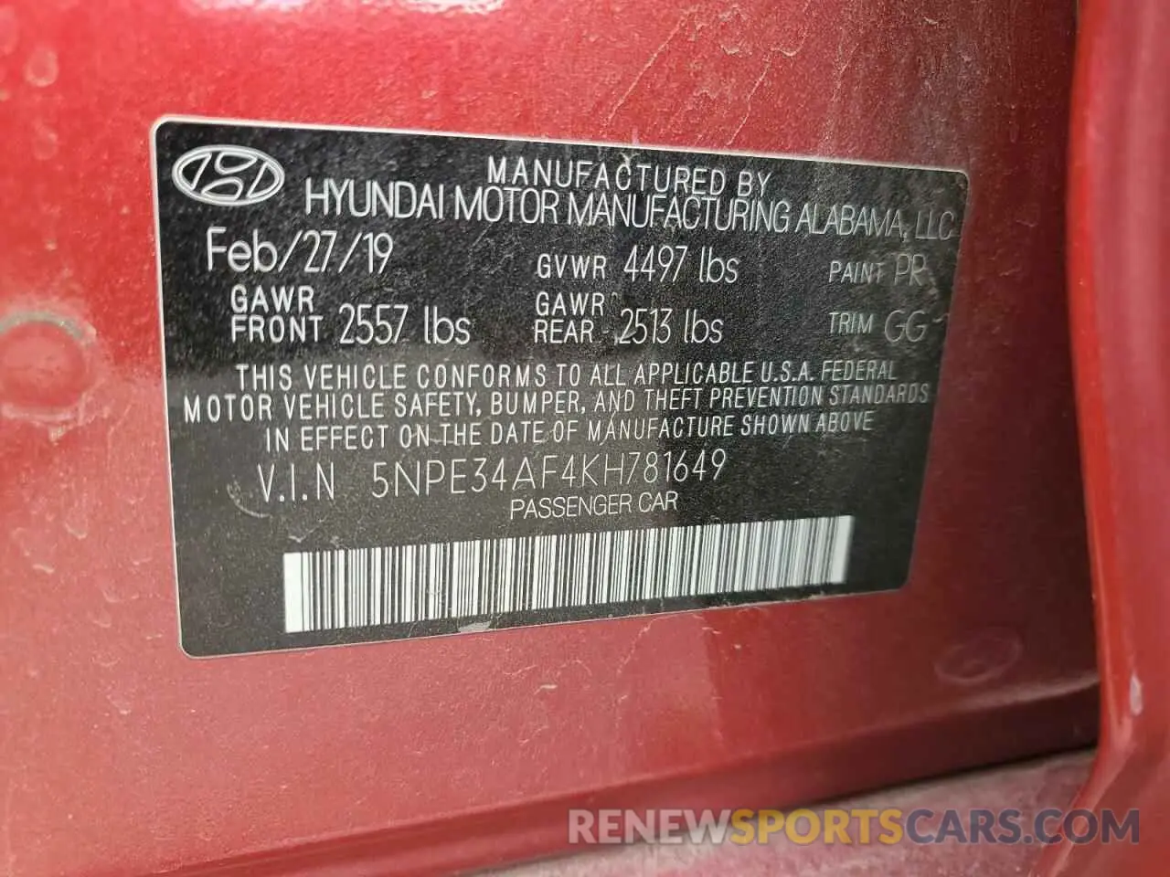 12 fotografías del automóvil dañado 5NPE34AF4KH781649 HYUNDAI SONATA 2019