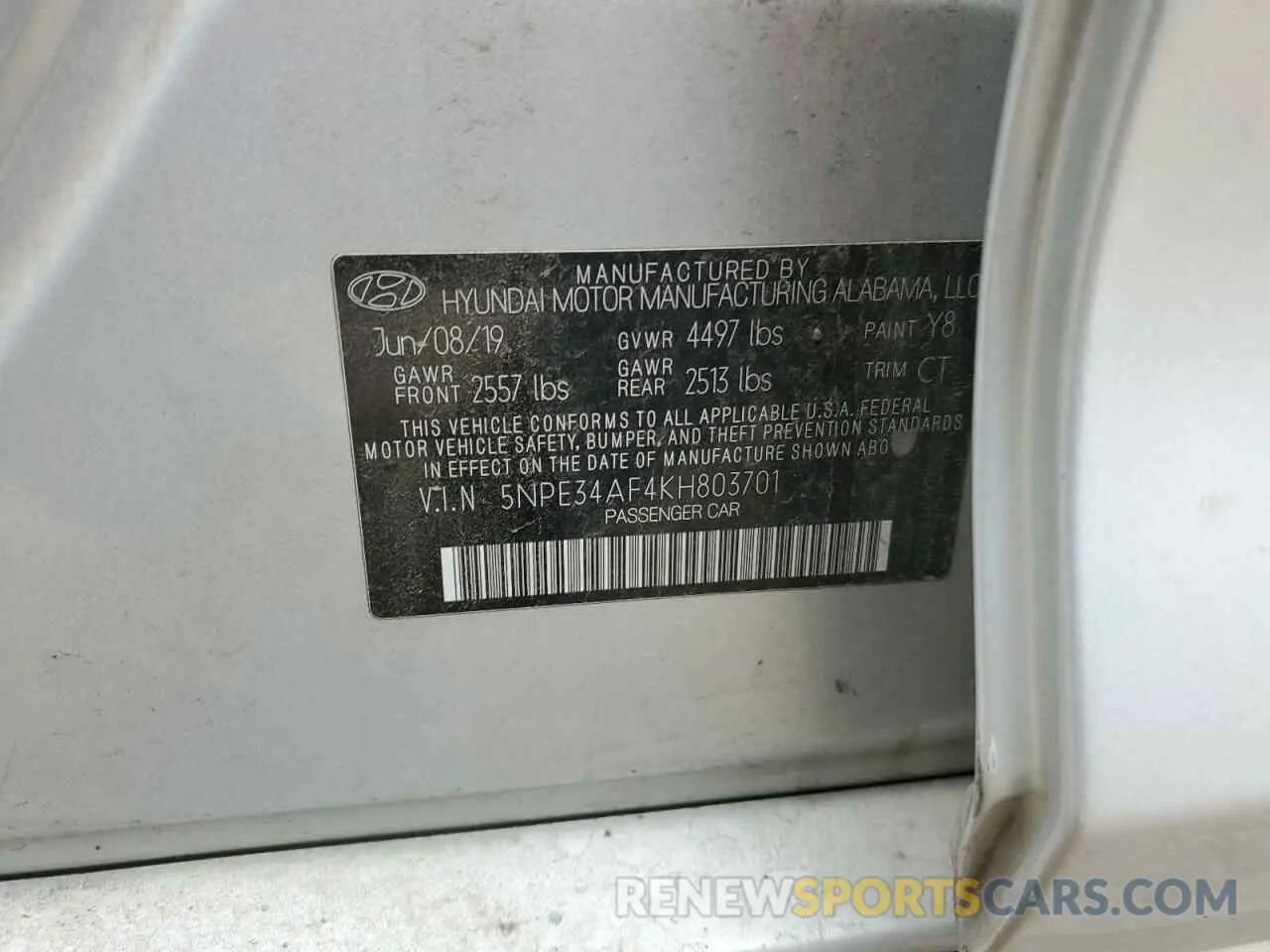 12 fotografías del automóvil dañado 5NPE34AF4KH803701 HYUNDAI SONATA 2019