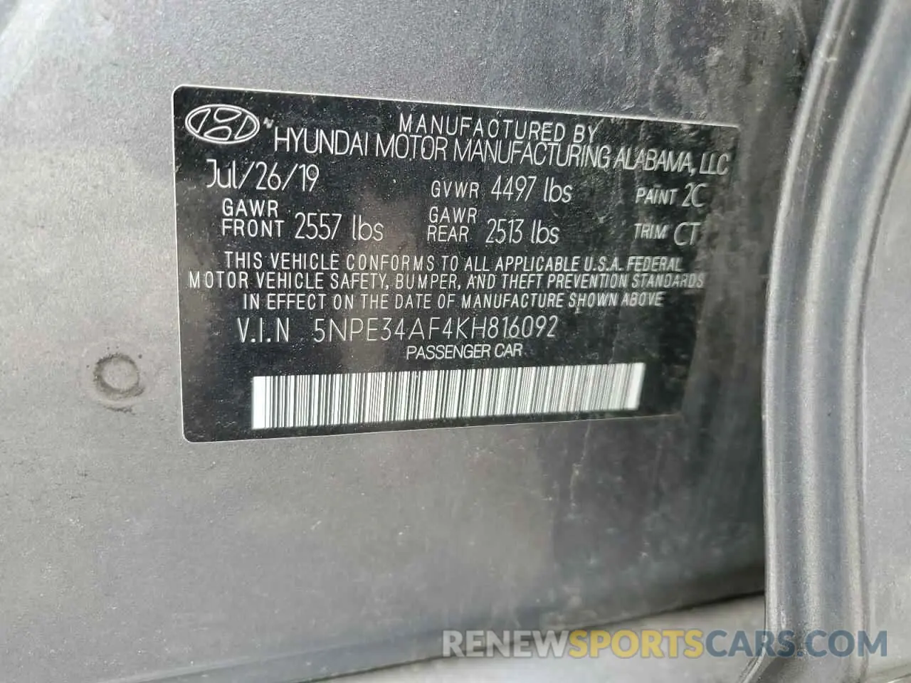 12 fotografías del automóvil dañado 5NPE34AF4KH816092 HYUNDAI SONATA 2019