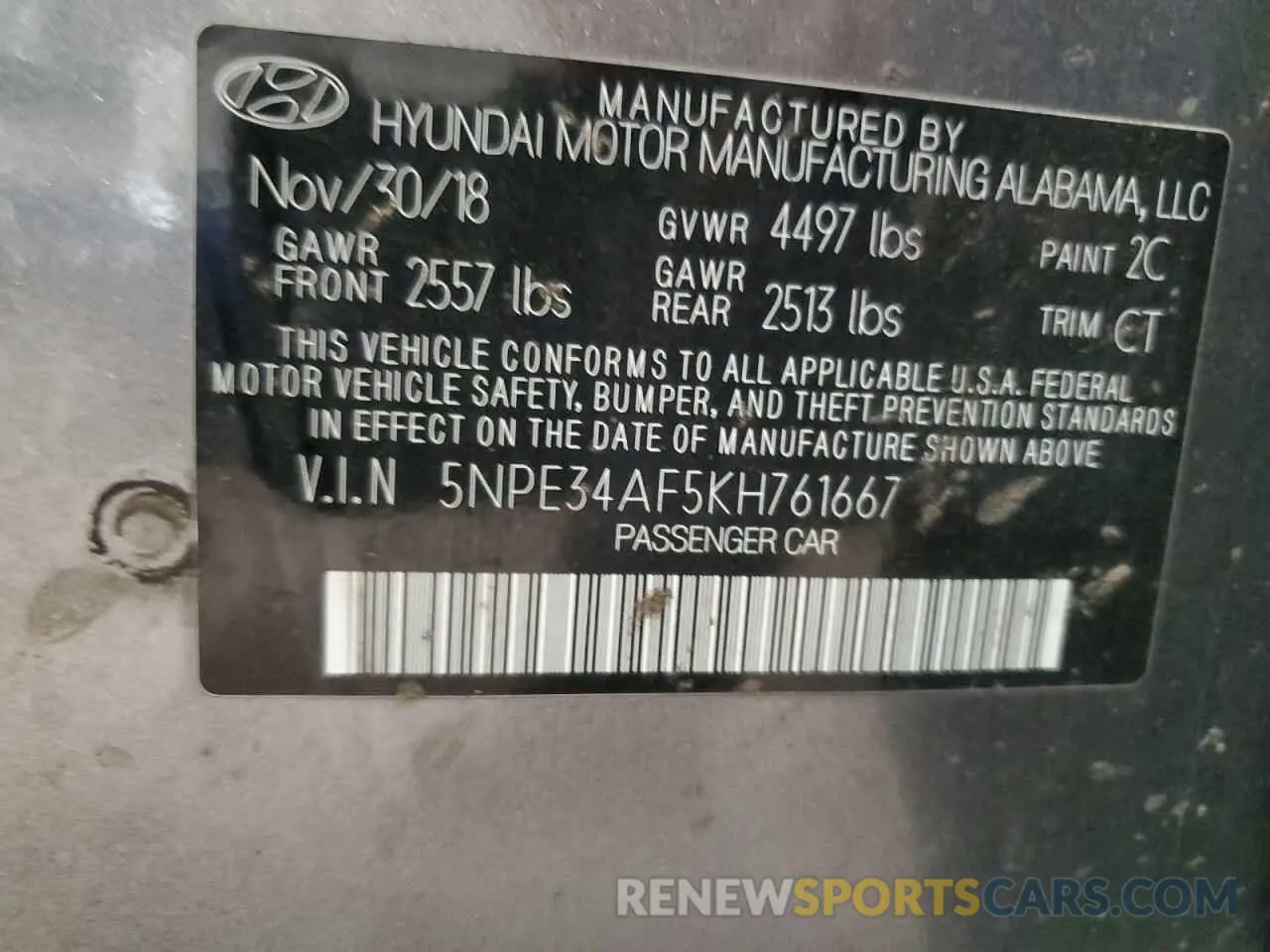 14 fotografías del automóvil dañado 5NPE34AF5KH761667 HYUNDAI SONATA 2019