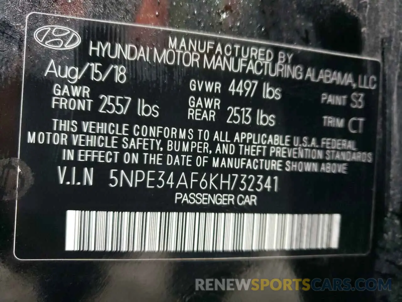 14 fotografías del automóvil dañado 5NPE34AF6KH732341 HYUNDAI SONATA 2019