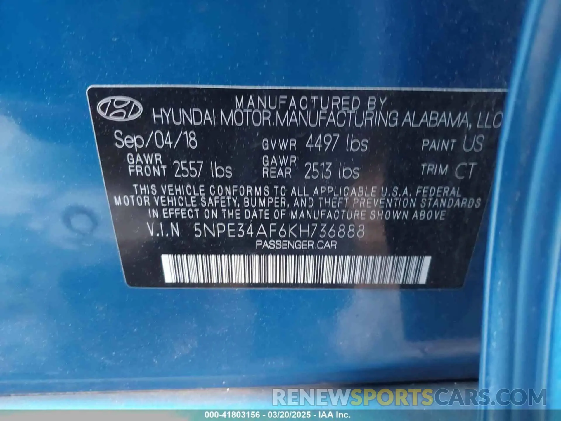 9 fotografías del automóvil dañado 5NPE34AF6KH736888 HYUNDAI SONATA 2019