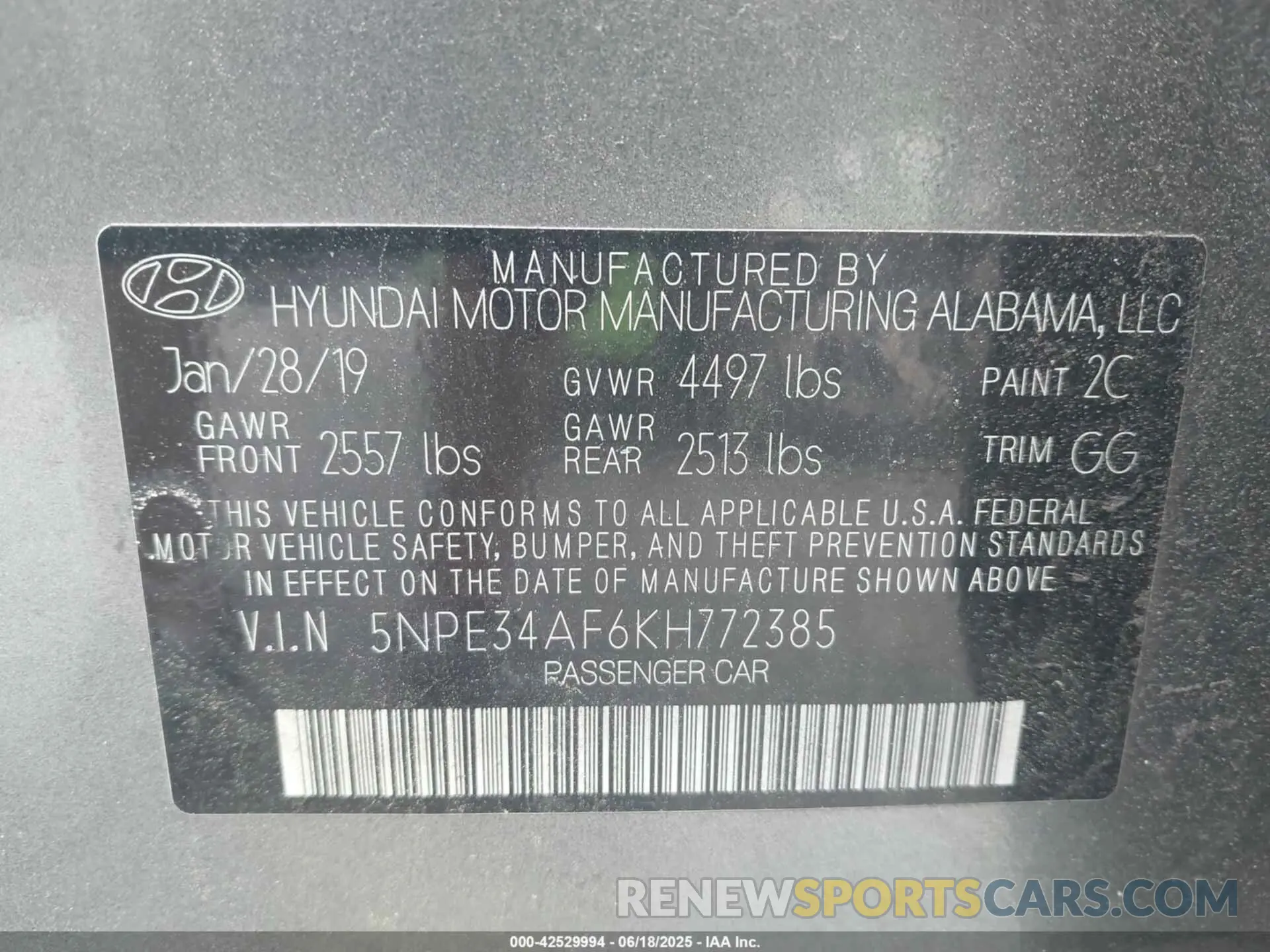 9 fotografías del automóvil dañado 5NPE34AF6KH772385 HYUNDAI SONATA 2019