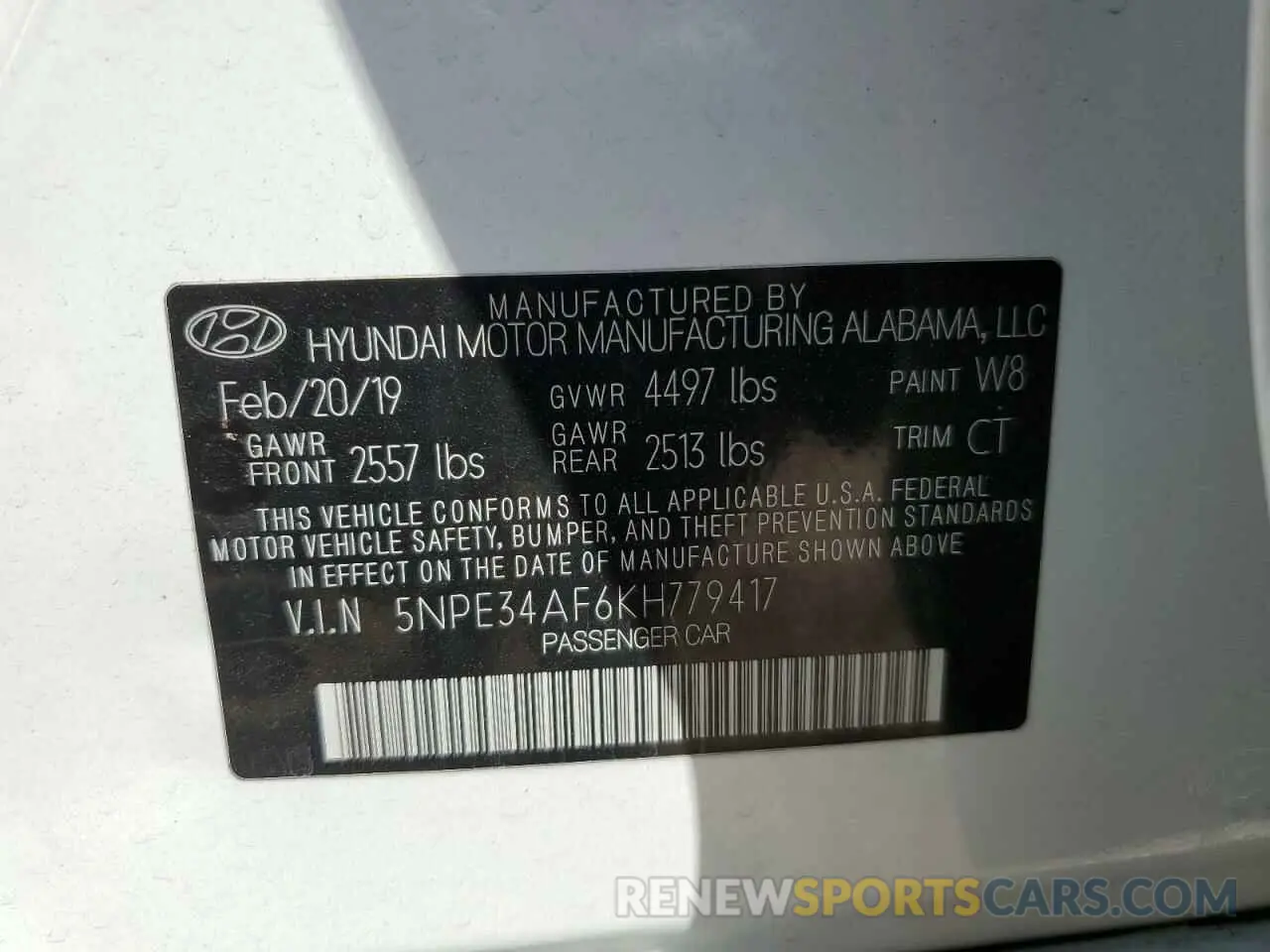 12 fotografías del automóvil dañado 5NPE34AF6KH779417 HYUNDAI SONATA 2019