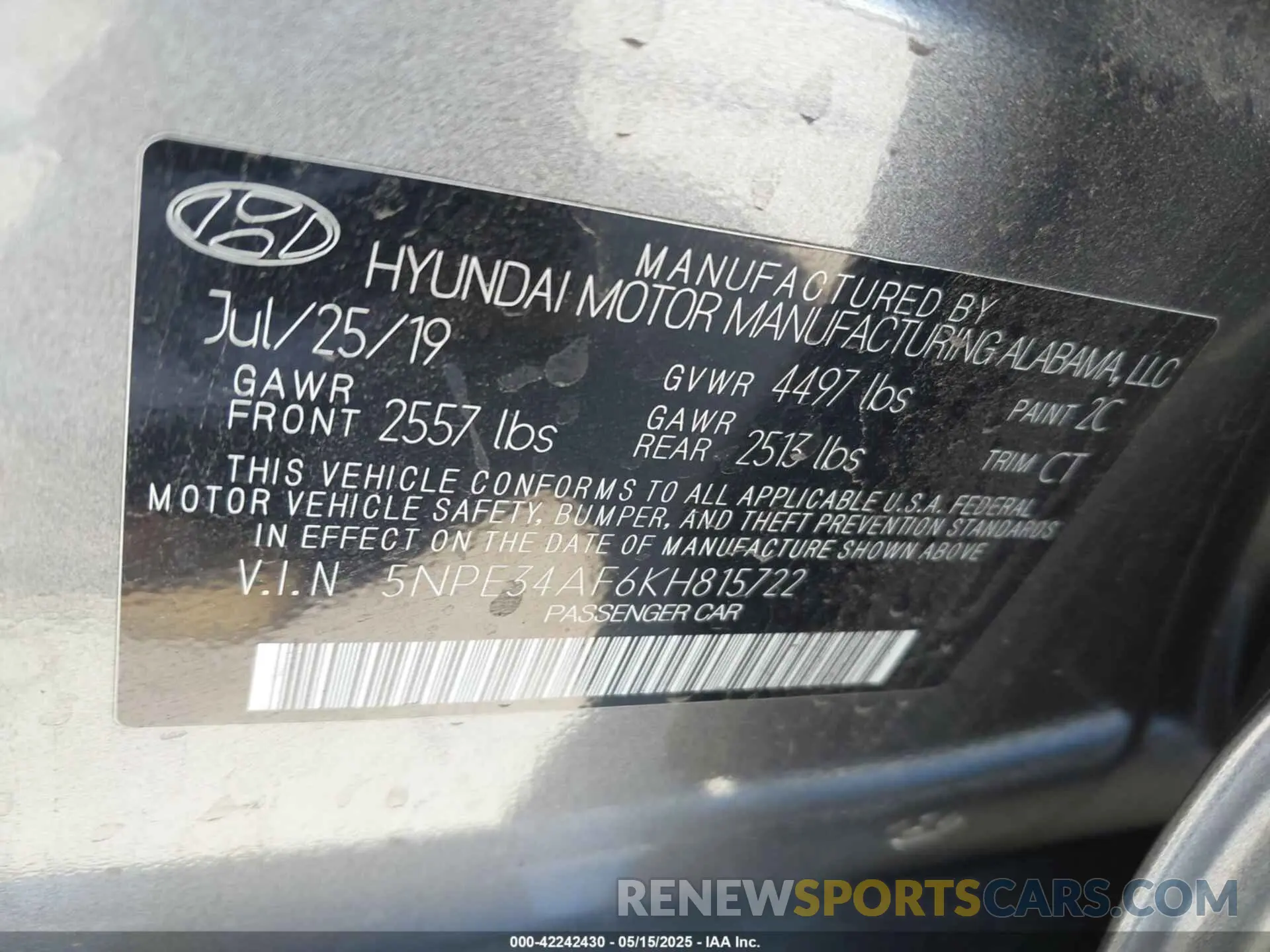 9 fotografías del automóvil dañado 5NPE34AF6KH815722 HYUNDAI SONATA 2019