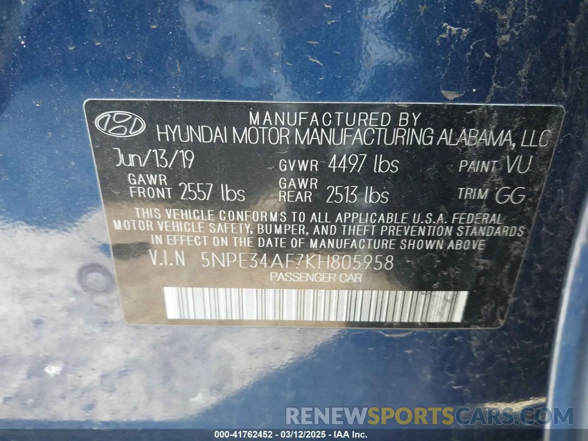 9 fotografías del automóvil dañado 5NPE34AF7KH805958 HYUNDAI SONATA 2019
