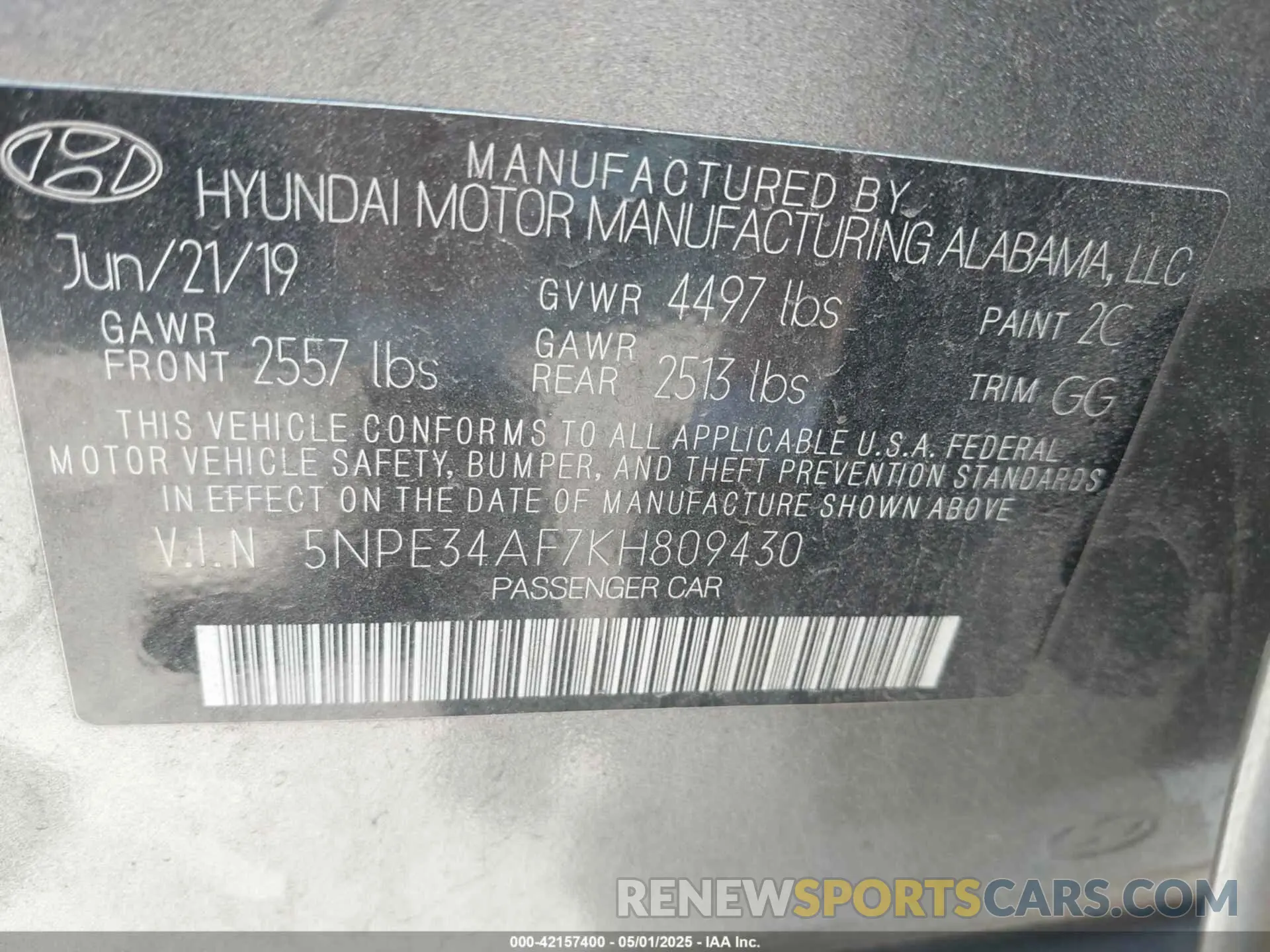 9 fotografías del automóvil dañado 5NPE34AF7KH809430 HYUNDAI SONATA 2019