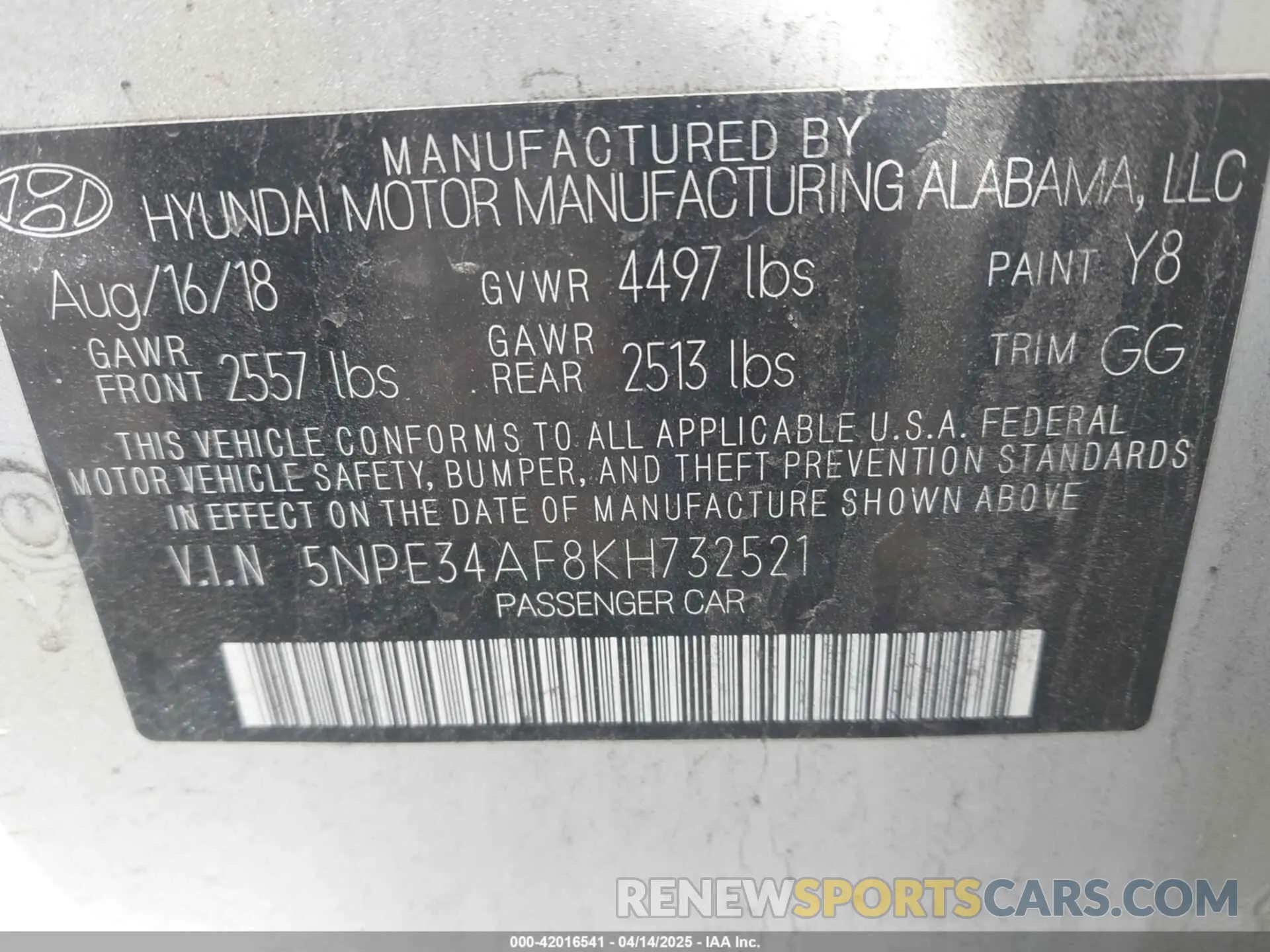 9 fotografías del automóvil dañado 5NPE34AF8KH732521 HYUNDAI SONATA 2019