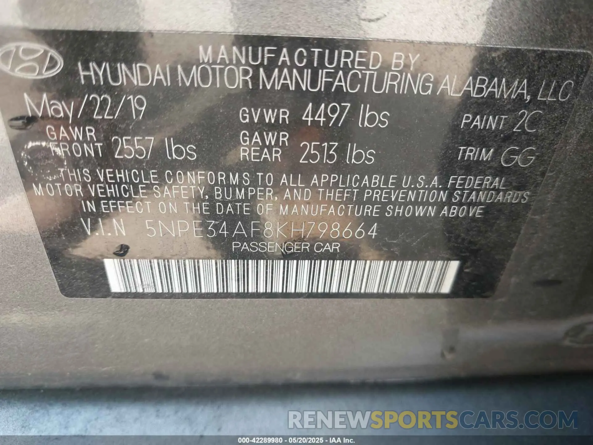 9 fotografías del automóvil dañado 5NPE34AF8KH798664 HYUNDAI SONATA 2019