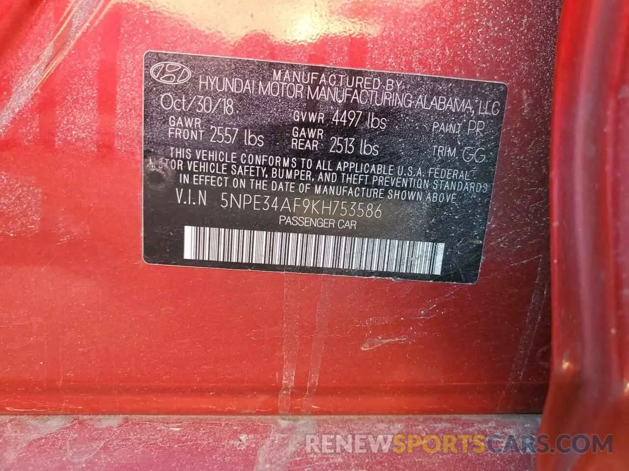 12 fotografías del automóvil dañado 5NPE34AF9KH753586 HYUNDAI SONATA 2019