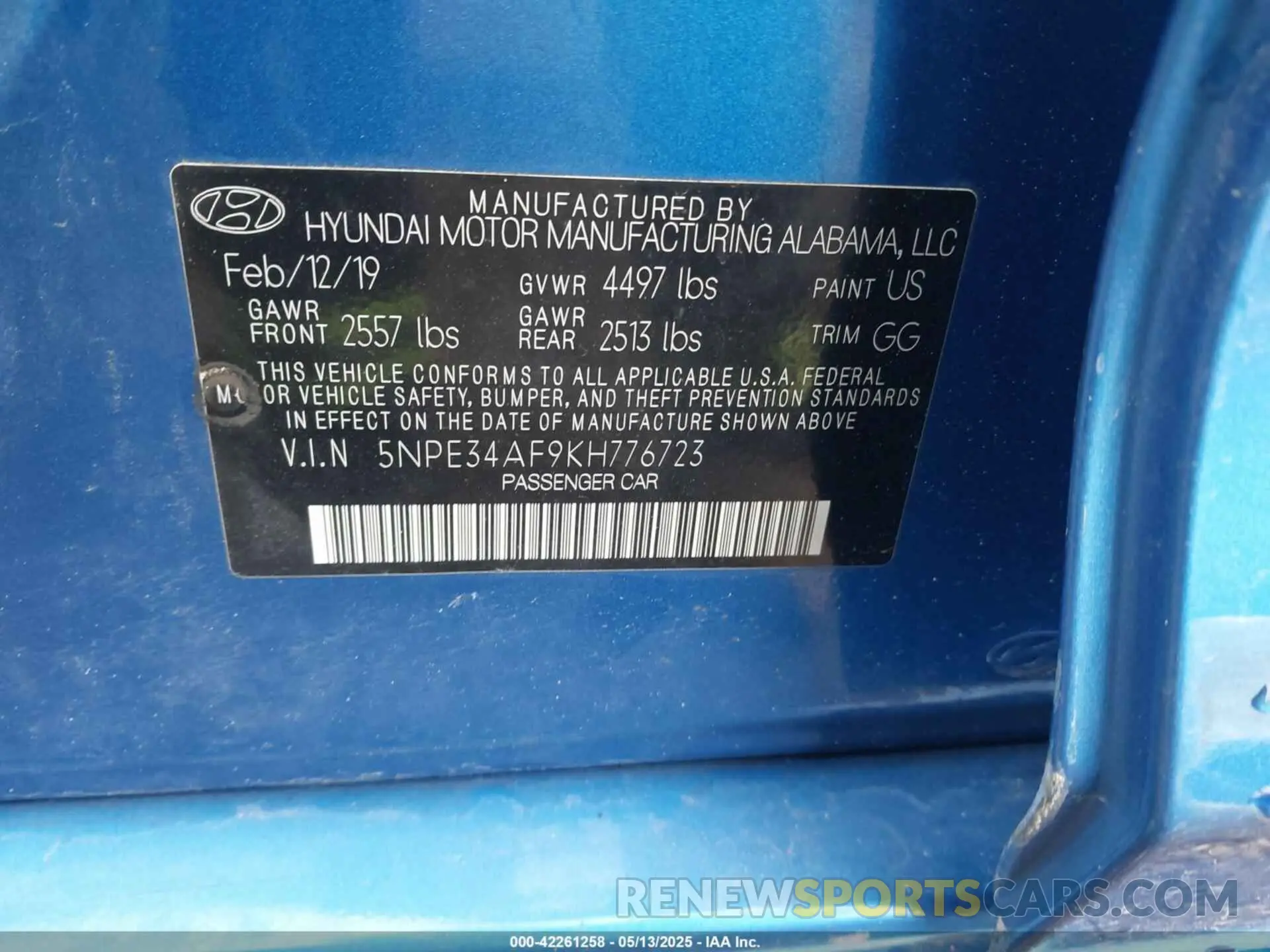 9 fotografías del automóvil dañado 5NPE34AF9KH776723 HYUNDAI SONATA 2019