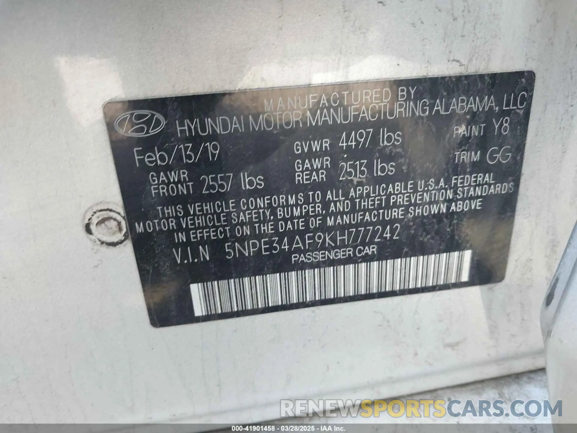 9 fotografías del automóvil dañado 5NPE34AF9KH777242 HYUNDAI SONATA 2019