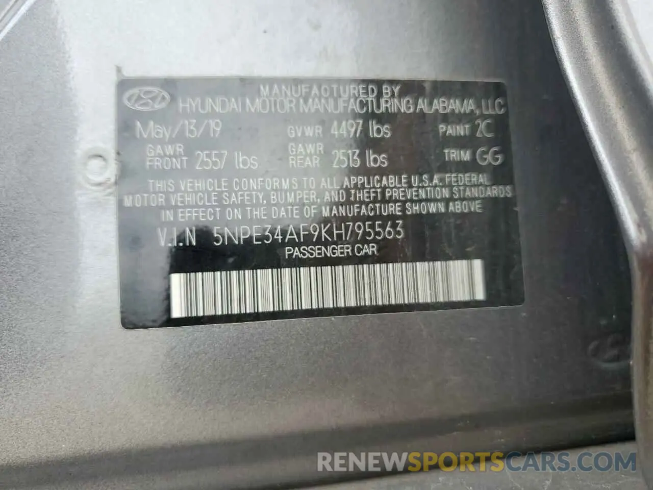 14 fotografías del automóvil dañado 5NPE34AF9KH795563 HYUNDAI SONATA 2019