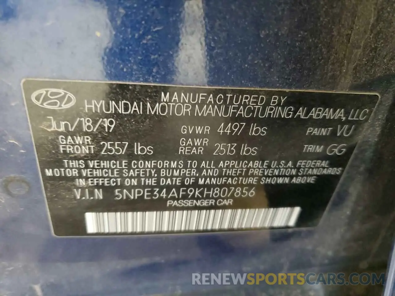 12 fotografías del automóvil dañado 5NPE34AF9KH807856 HYUNDAI SONATA 2019