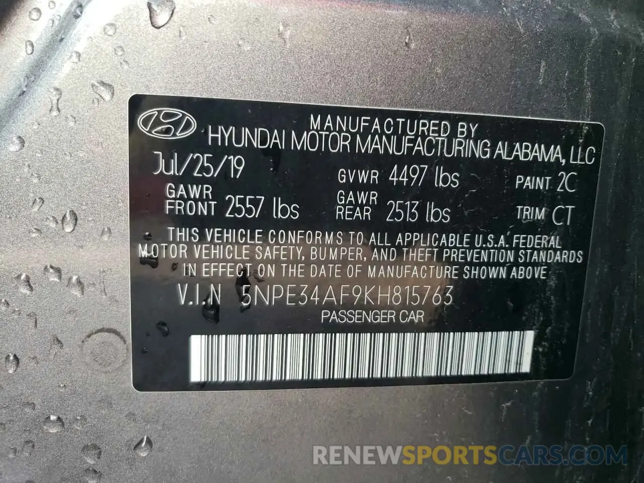 12 fotografías del automóvil dañado 5NPE34AF9KH815763 HYUNDAI SONATA 2019