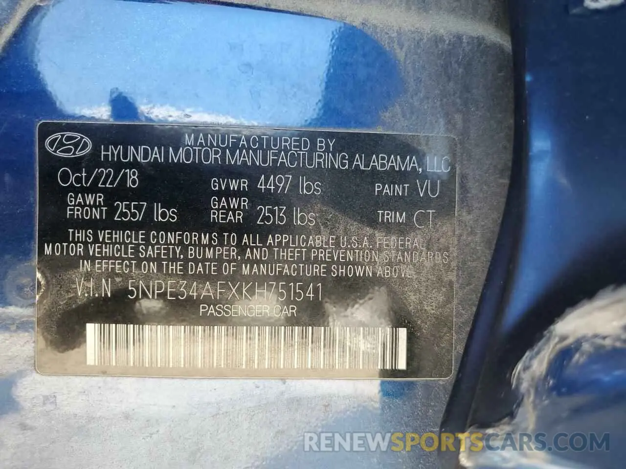 12 fotografías del automóvil dañado 5NPE34AFXKH751541 HYUNDAI SONATA 2019