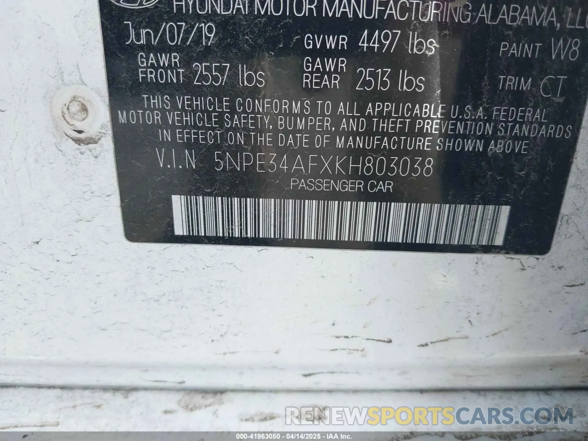 9 fotografías del automóvil dañado 5NPE34AFXKH803038 HYUNDAI SONATA 2019