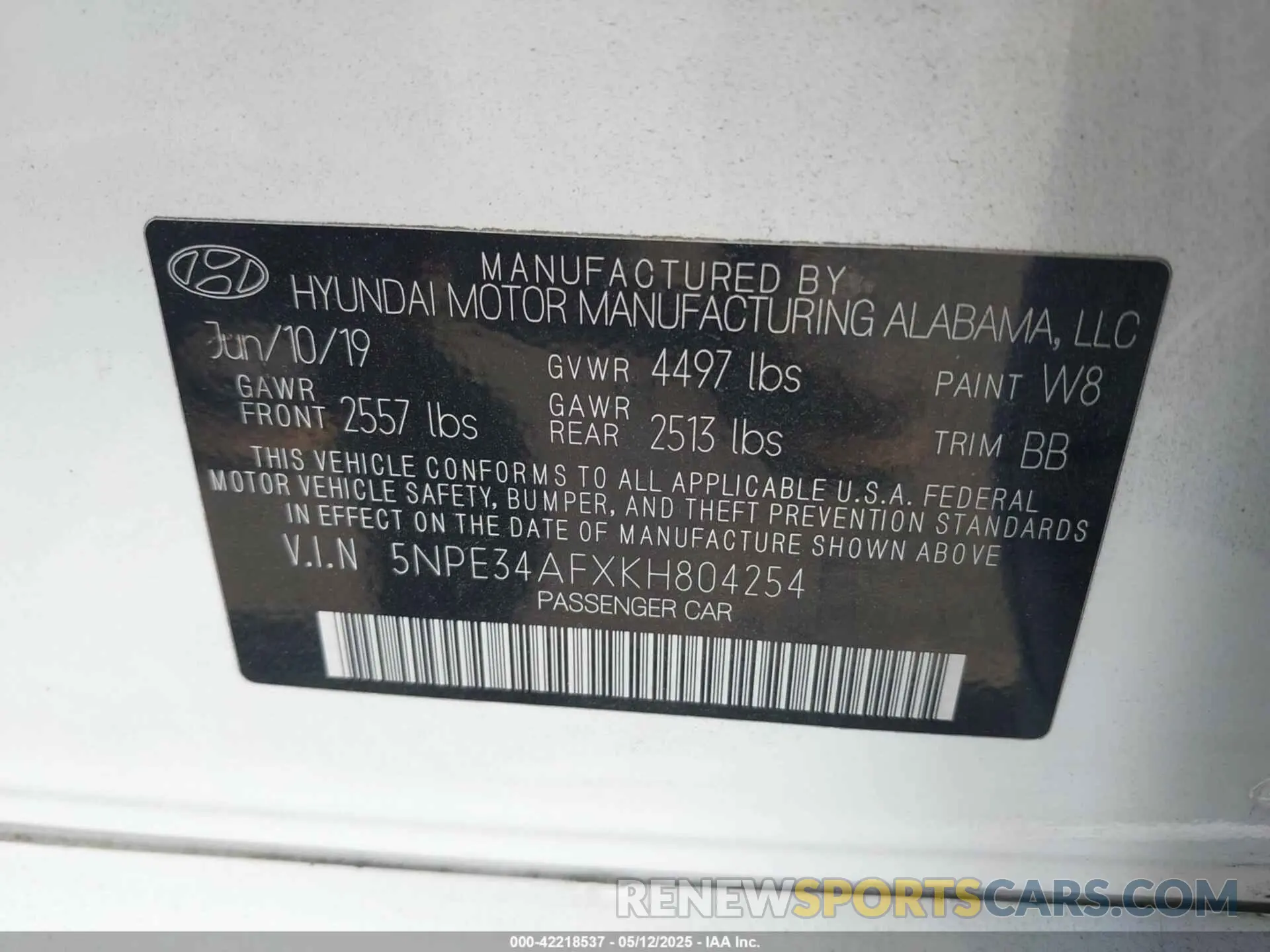 9 fotografías del automóvil dañado 5NPE34AFXKH804254 HYUNDAI SONATA 2019