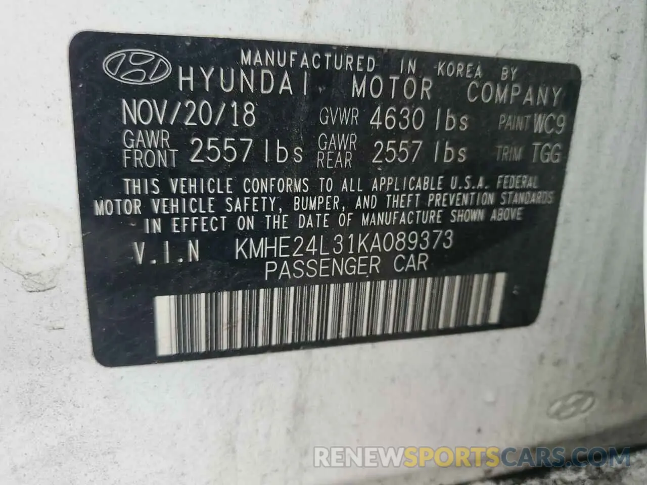 12 fotografías del automóvil dañado KMHE24L31KA089373 HYUNDAI SONATA 2019